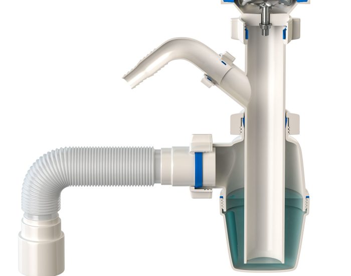 Cross section of siphon with bottle trap and pvc plastic pipes for sinks isolated on white. 3d illustration